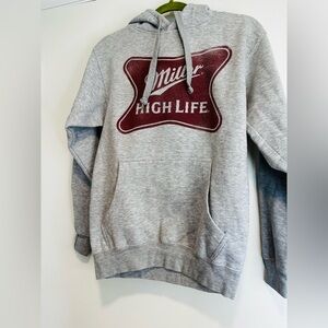 NWOT Miller High Life Graphic logo Grey Hoodie. Small Drawstring Kangaroo Pocket